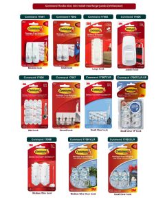Macam-macam Penggantung-kaitan barang putih dan transparan berbagai ukuran mini, kecil, sedang, besar dan jumbo merk Command 17001/17002/17003/17004/17006/17067/17068/17091/17092 beli di toko atk grosir